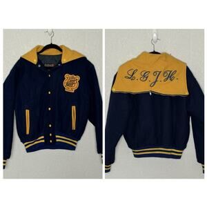 Vintage 80’s Varsity Jacket Wool Cape Collar Split Hood Band Blue Gold Size L